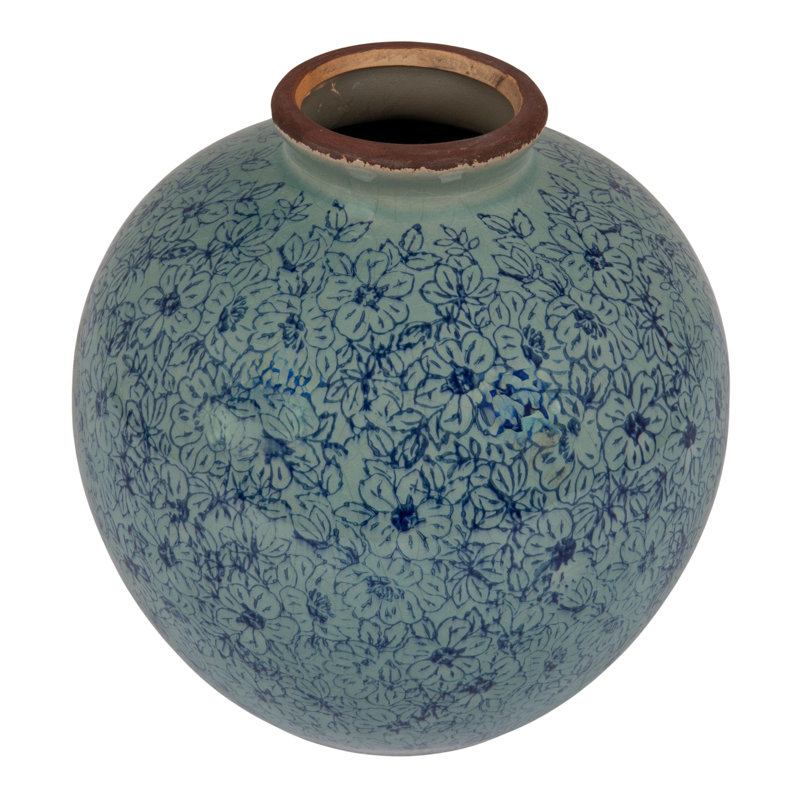 Dolohov Round Decorative Terra-cotta Vase with Transferware Pattern, Blue