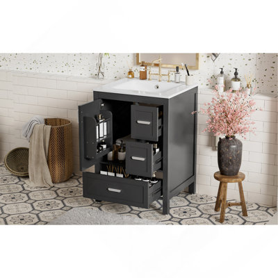 Modern 24-inch Bathroom Vanity with Ceramic Sink, Soft-Close Door, Double-Layer Door Shelf, and 3 Drawers