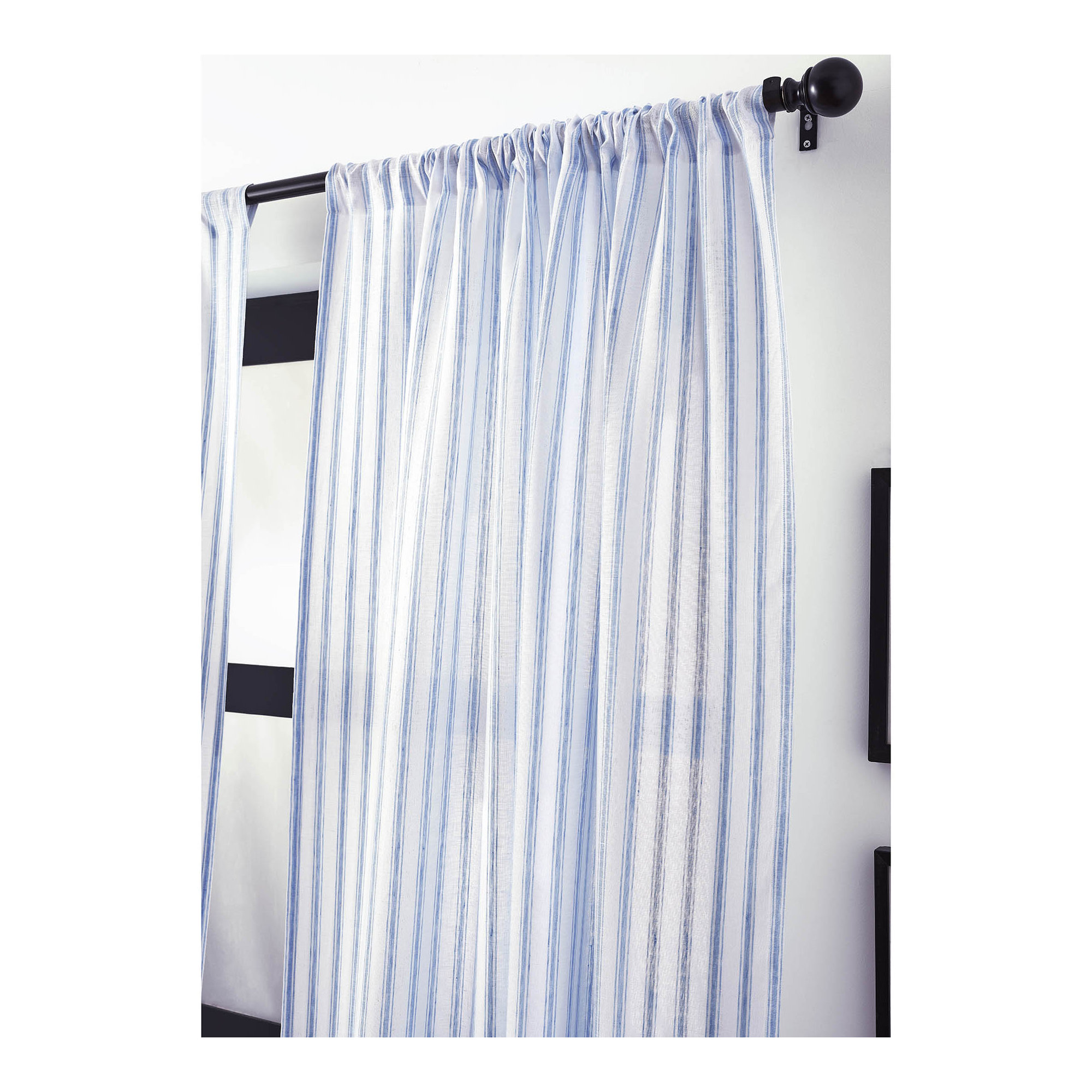 Capri Ticking Stripe - 100% Pure Linen Curtain, 52" W x 96" L, Sky Blue and White