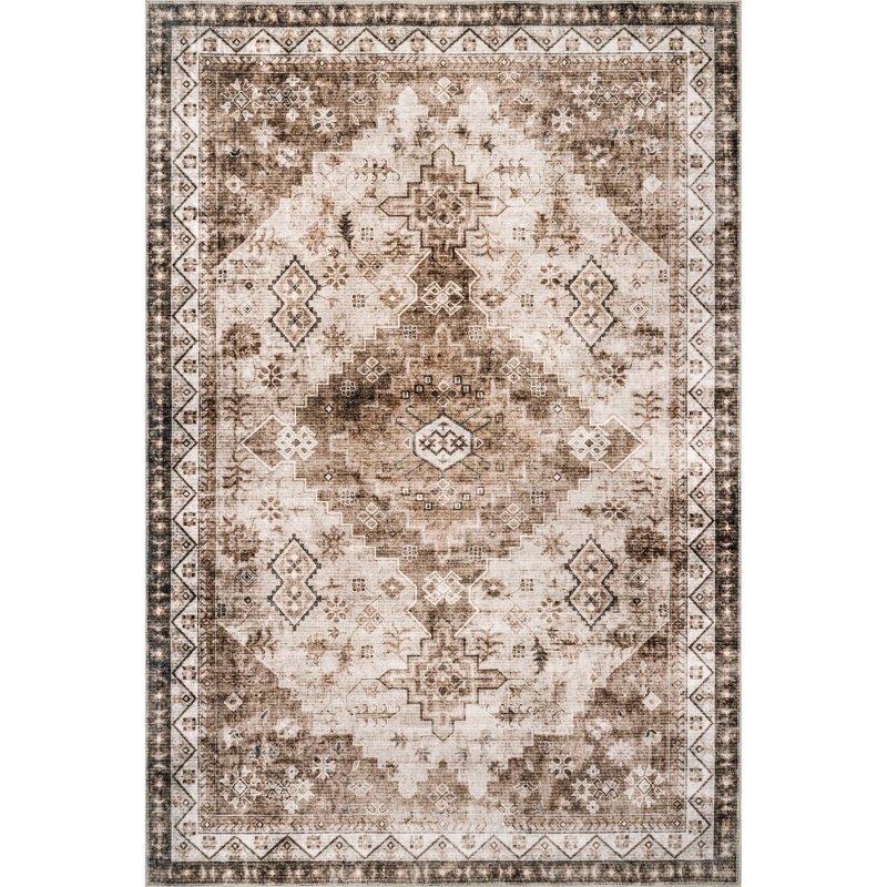  Tapis beige / brun à motif géométrique lavable à la machine Jessamine, Rectangle 3 pi x 5 pi