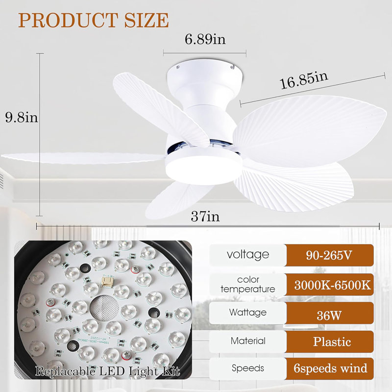 Tropical Ceiling Fans With Light, 38-Inch Flush Mount Palm Leaf Ceiling Fans For Bedrooms, Indoors And Outdoors, Remote Control/APP Control, 6-Speed, Dimmable, Reversible