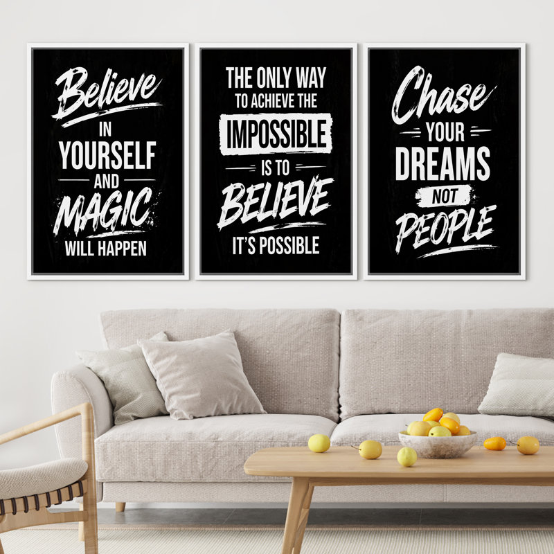 «Believe In Yourself Magic Will Happen Motivation Quote», reproduction d'art encadrée sur toile, Black, 24" H x 16" W, White