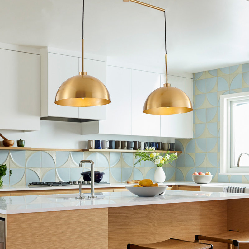Adjustable Industrial 2-Light Pendant Dome Shade Design Gold, Gold