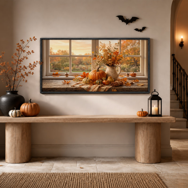 Citrouille orange et fleurs séchées sur toile d'Halloween rustique, 46“W x 24”H