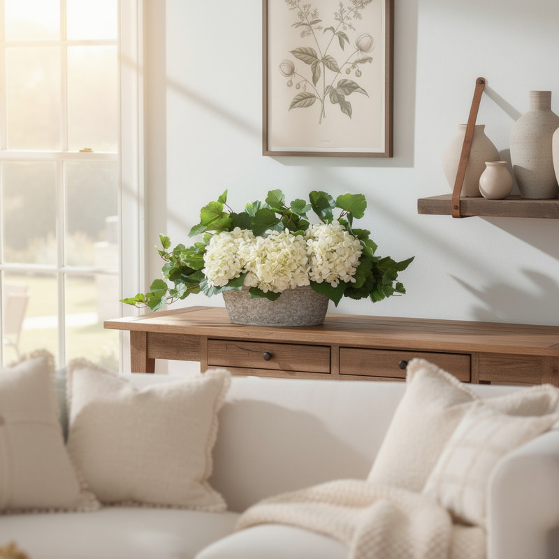 Hortensias et lierre dans un vase décoratif en pierre, Blanc