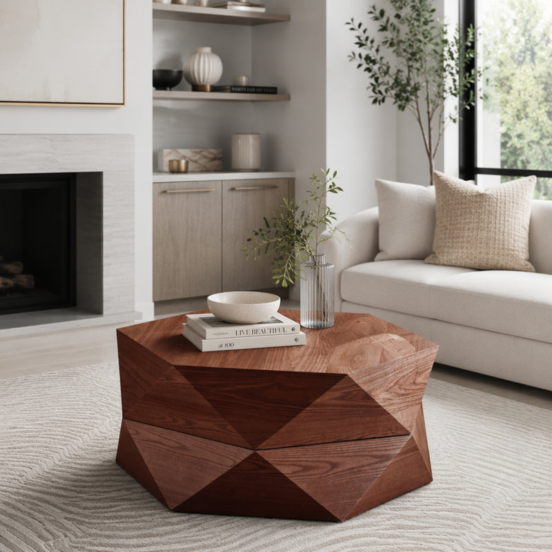 Table basse à plateau rabattable rétro avec rangement caché, placage en bois massif pour le salon et le bureau, Brun-roux