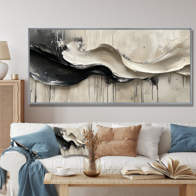Grey On White Rhythmic Drizzle Ink River III - Abstract Modern Waves Large Wall Art