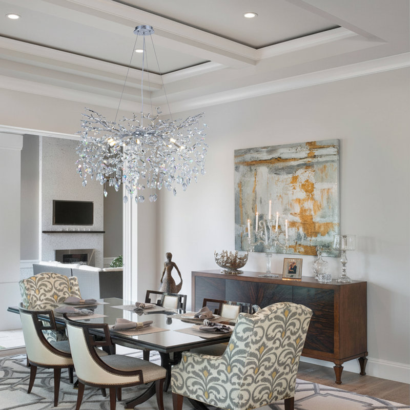 Lustre en cristal 14 lumières à branches à intensité variable pour salle à manger, H 19,6 po x l 30 po x P 30 po, Argent