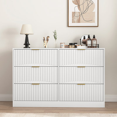 Commode moderne à 6 tiroirs, commode pour chambre à coucher, salon, couloir et vestibule - grande armoire de rangement, panneau de tiroir blanc à motifs ondulés