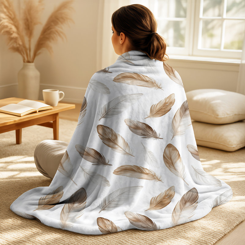 Boho Feathers Soft I - couverture florale douce, jeté en peluche Boho, Brown/Grey Landscape & Nature 1