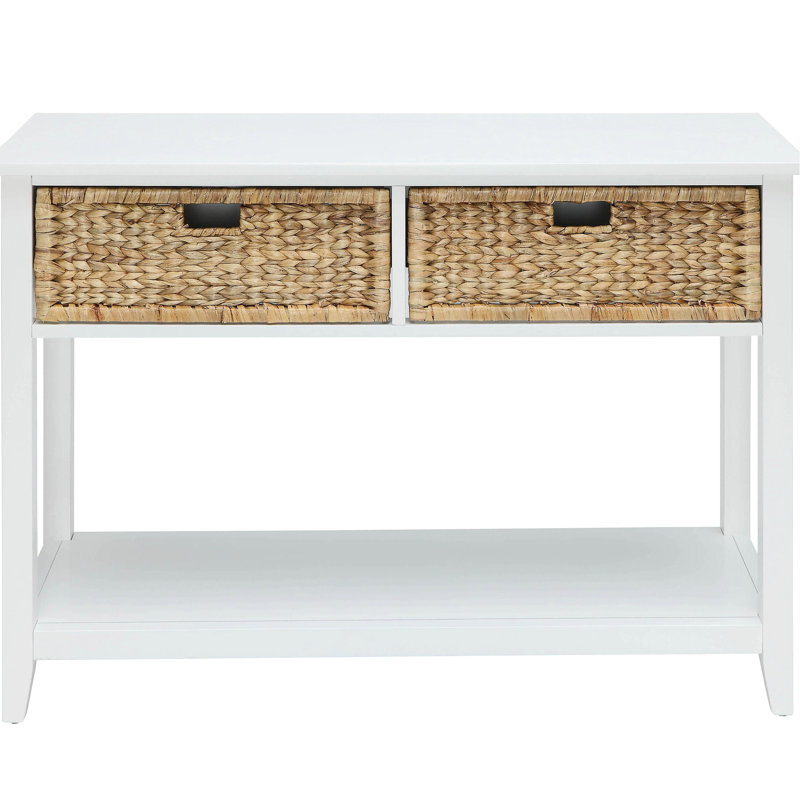 White Rectangular Console With Basket Drawers And Extra Storage Area