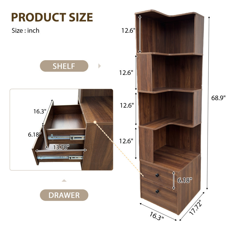 2PCS, 4-Tier L Shaped Corner Bookcase With 2 Drawers, 69" Freestanding Corner Bookshelf With Led Lights, Walnut