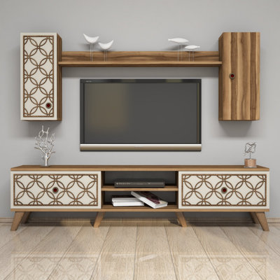 Modern TV Unit with Wall Shelf & Cabinets, Walnut & Cream, 70.9 x 17.3 x 13.8 inches | 100% Melamine Coated Particle Board, 0.7 inches Thick | Stylish Geometric Design, Numerous Shelves, Wall-Mountable, Functional & Elegant