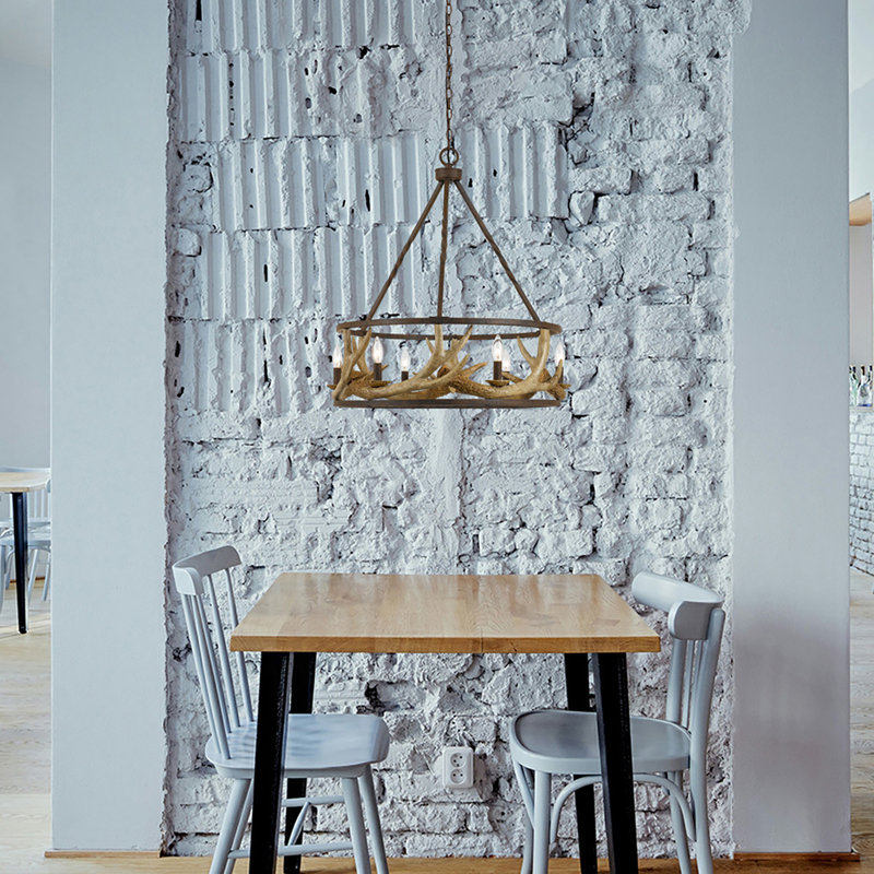Lustre en acier et résine, 6 lumières, 66 cm de hauteur, 6 lumières, motif bois de cerf, douille E12 60W, chaîne de 1,8 m.