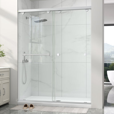 49"-54" W x 76" H Double Sliding Semi-Frameless Shower Door in Brushed Nickel with 5/16" (8mm) Clear Tempered Glass, Aluminum Frame