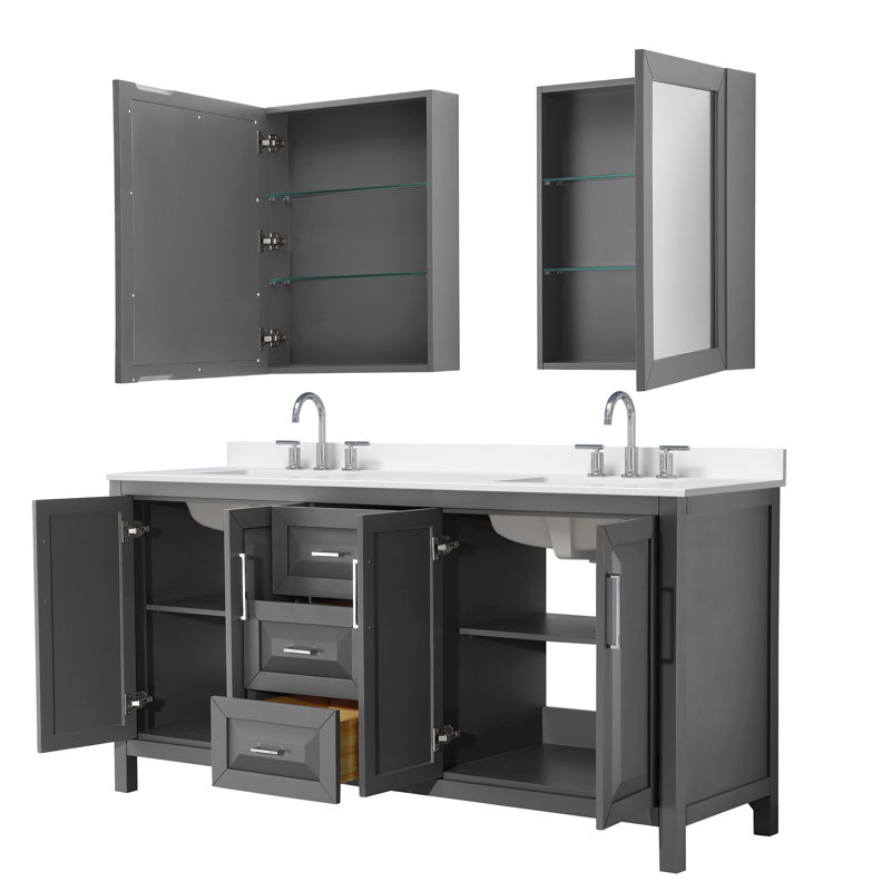 Daria 72 in. with Mirror Vanity, White Quartz, Gray, Polished Chrome