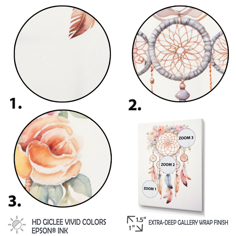 «Pink Boho Dreamcatcher», reproduction sur toile, Cadre flottant blanc, H 44 po x l 34 po x P 1,5 po