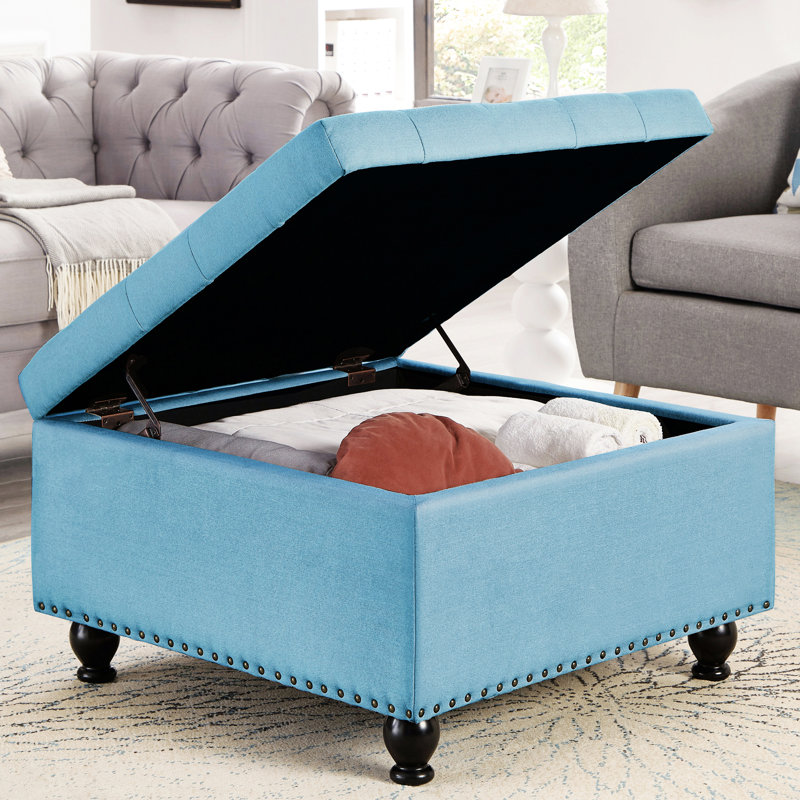 Button For Restaurant - Blue Square With Wooden Frame And Storage, Light Blue