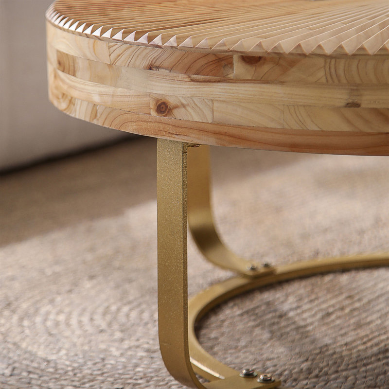 Modern Round Carved Wooden Coffee Table with Metal Legs for Living Room, Office, and Reception Areas, Gold