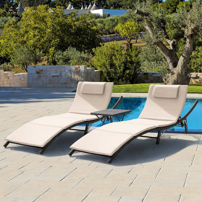 Raminez 3-Piece 81" PE Rattan Foldable Patio Chaise Lounge Set with Adjustable Backrest & Cushion, Outdoor Reclining Lounger with Foldable Coffee Table for Deck, Poolside, or Garden