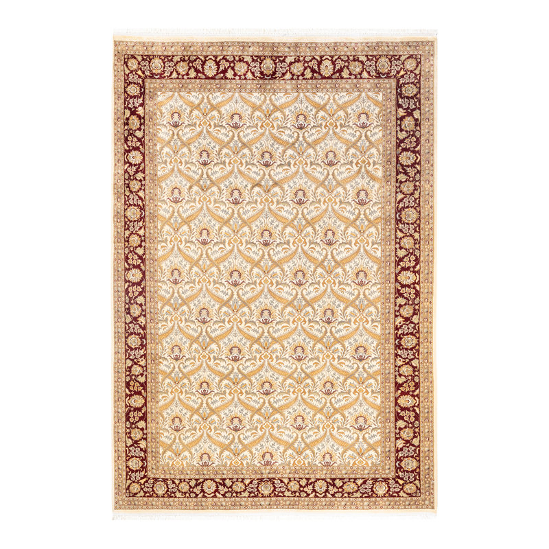 Tapis unique en laine noué à la main nouvel âge de 6 pi 2 po x 9 pi 1 po Hayner en ivoire / brun / beige