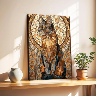 Tableau de mosaïque florale de style vitrail représentant un chat brun, grande toile tendue sur châssis pour salon ou chambre.
