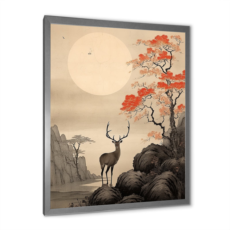 Bustleton Asian Art Deer Sumi, reproduction d'art sur toile, H 40 po x l 30 po x P 1,5 po, Cadre photo argenté