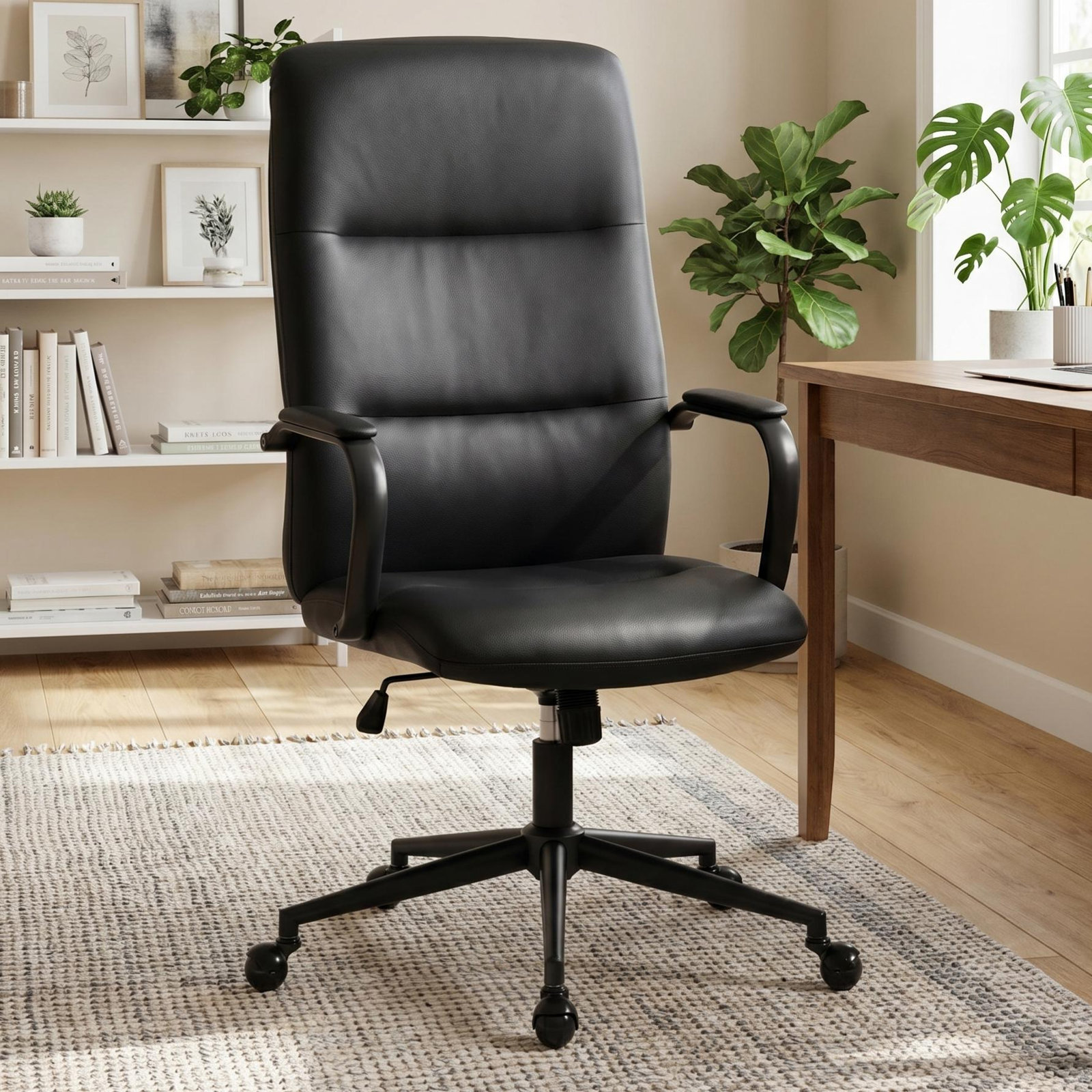 Mid-century Faux Leather High Back Office Chair – Softly Padded, Height Adjustable, with Armrests – Versatile Desk Chair for Home Office, Study, or Vanity Makeup Room