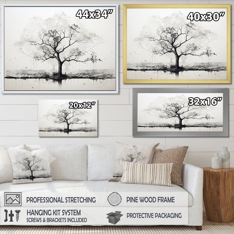 " Grey Minimalism Baobab Tree I ", Black Floater Frame, 24" H x 32" W x 1" D