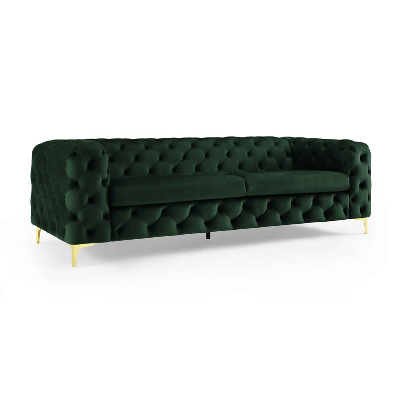 Ghaleb 237Cm Velvet Square Arms Sofa, Green Velvet, Gold