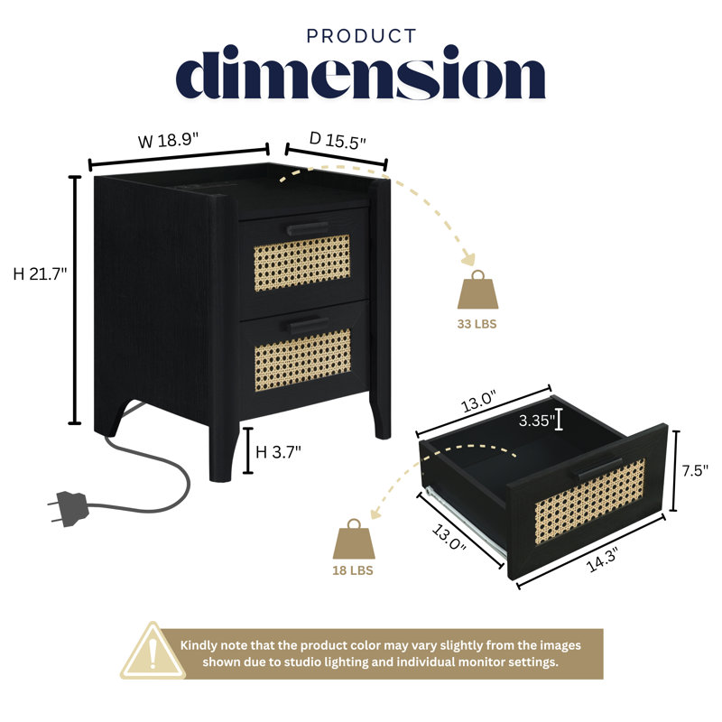  Table de chevet 2 tiroirs d'inspiration rotin avec station de charge, table de chevet avec tiroirs, table de chevet pour chambre à coucher, table de bout ou table d'appoint pour le salon, P 15,5 po x l 18,9 po x H 21,7 po, noir