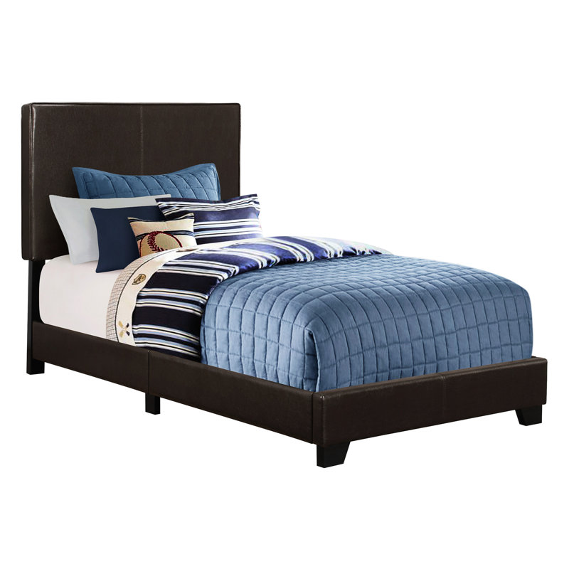 Twin Bed Frame In Brown Leather-like Material With A Stable Construction For Comfortable Bedroom Retreat