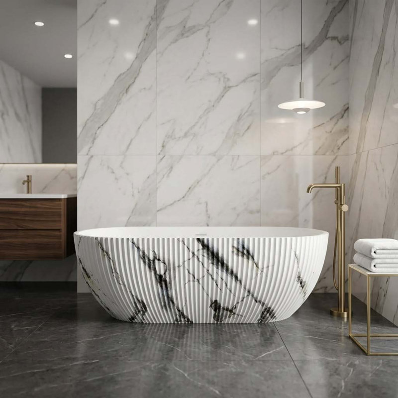 67" Freestanding Soaking Tub Solid Surface Stone Bathtub Marble-textured With Stripe Design