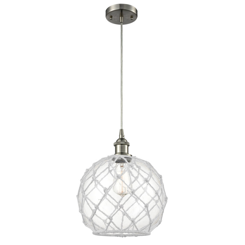 Luminaire suspendu en forme de globe à 1 lumière avec accents en corde Tobey, Transparent/blanc, Nickel satiné brossé