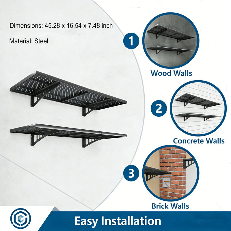 Ensemble de 4 tablettes de garage murales robustes - 1,4 x 4 pieds avec tablettes intégrées, crochets flottants pour l'organisation du garage, support à outils, étagères en métal noir
