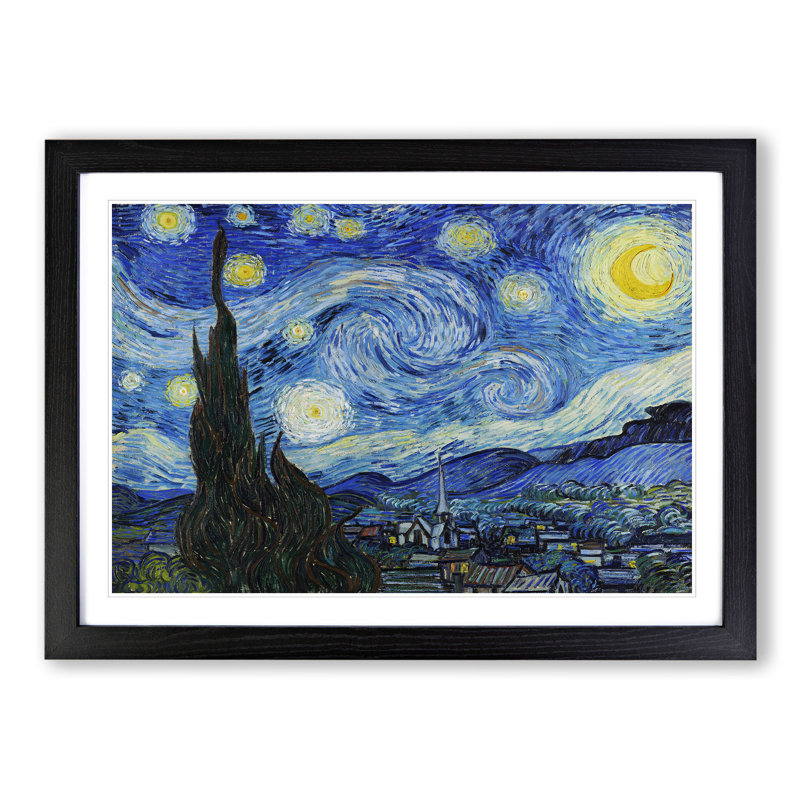 The Starry Night by Vincent Van Gogh - Picture Frame Painting on MDF, 48cm H x 65cm W x 2cm D, Black Framed