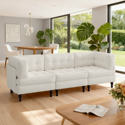 Canapé modulaire rembourré 3 pièces en velours côtelé capitonné beige avec dossier coussiné 3 pièces