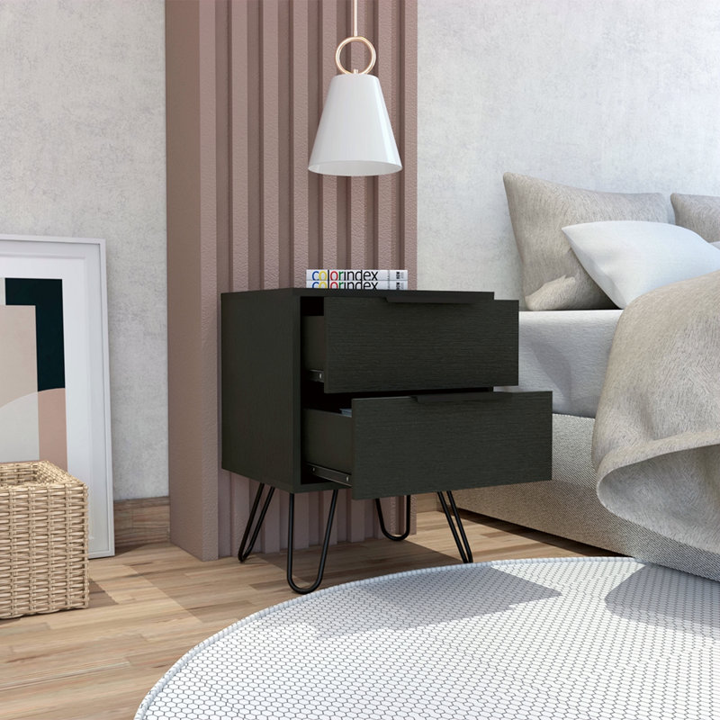 Light Oak 2-Drawer Rectangle Nightstand, Black