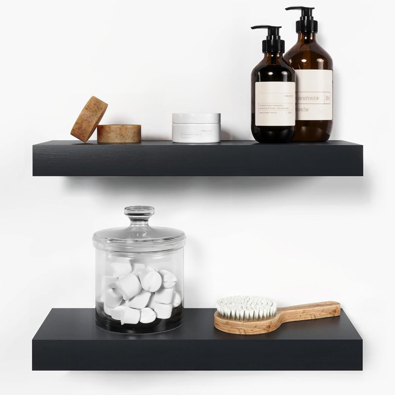 Floating Shelves For Wall, Premium Solid Wood Bathroom Shelves With Heavy Duty Bracket, Set Of 2, Black