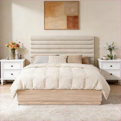 Queen Size Platform Bed Frame With Upholstered Warm Beige Boucle Headboard and Natural Wood Construction