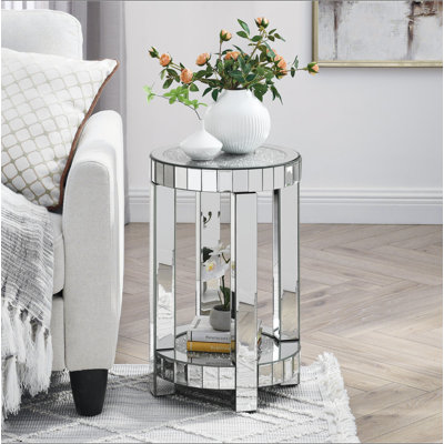 Table ronde en miroir avec incrustation de cristal, petit canapé moderne à 2 couches avec espace de rangement, table décorative argentée convenant au salon, à la chambre à coucher, au café et aux petits espaces