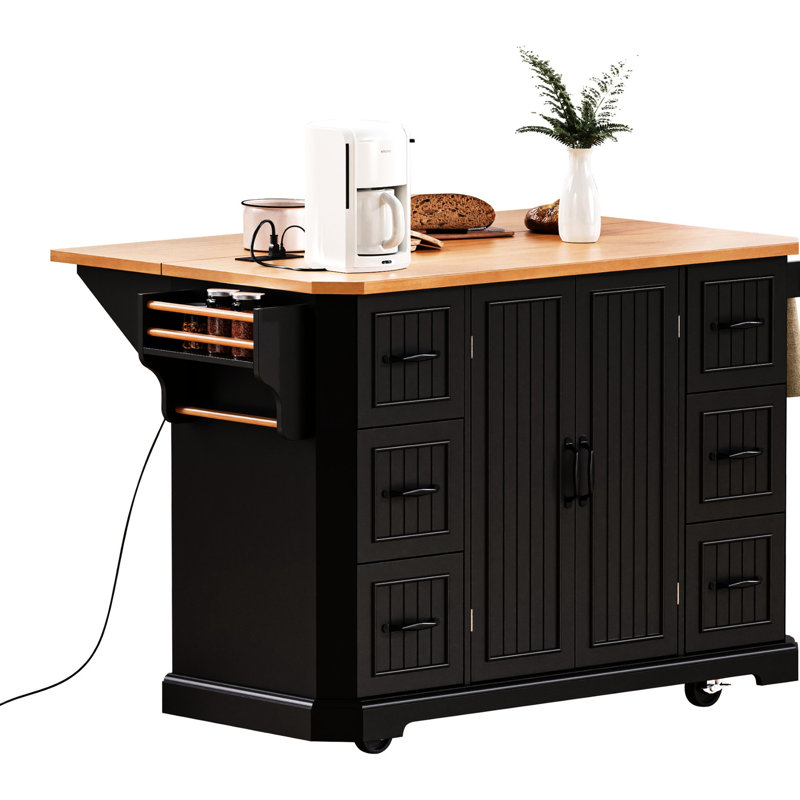 Black Kitchen Island With 47" Wide Top & 4 Internal Storage Rolling Vertical Stripe 6 Deep Drawers,, Black