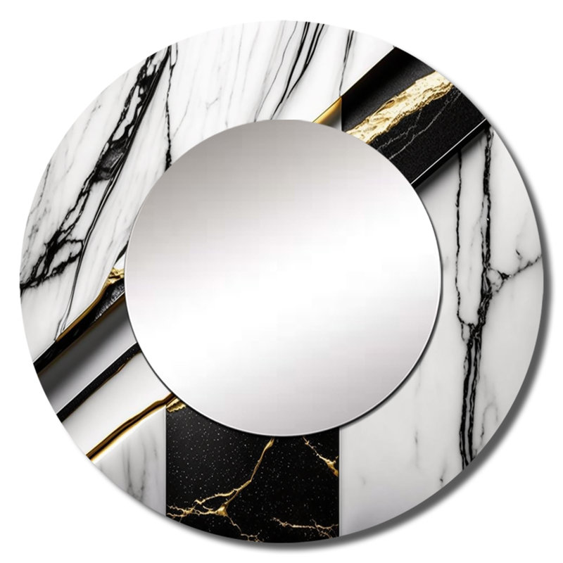 Omarien abstrait géométrique géométrique marbre gris I - marbre unique miroir mural, miroir rond moderne, art imprimé en métal
