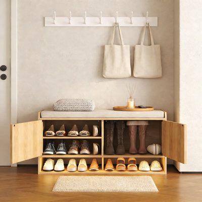 Fluted Shoe Storage Bench With LED Sensor Light, Entryway Bench With Adjustable Shelf And Linen Seat Cushion, Modern Shoe Cabinet For Bedroom Or Hallw