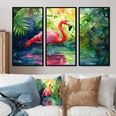 Flamant rose dans le lagon II - décoration murale flamant rose - 3 pièces