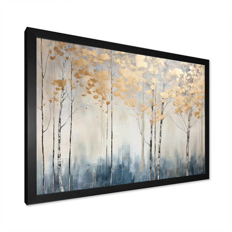 Minimalisme bleu et forêt dorée II - forêt, art mural, Cadre simple noir, H 30 po x l 40 po x P 1,5 po