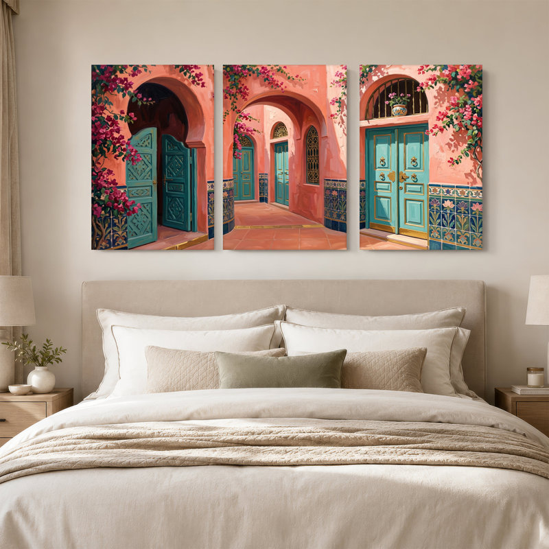 Turquoise Doors and Pink Bougainvillea Courtyard Set Of 3 Canvas Wall Art, 30"H x 20"W x 3pcs