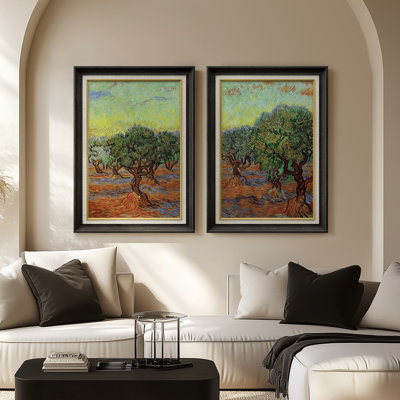 «Post Impressionist Olive Trees Expressive Brush Landscape», ensemble de 2 reproductions d'art mural encadrées de qualité supérieure sur papier 26 po x 36 po