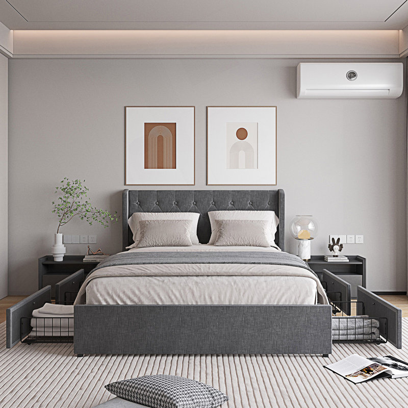 Base de lit grand format avec 4 tiroirs de rangement et tête de lit à oreilles, Gris foncé