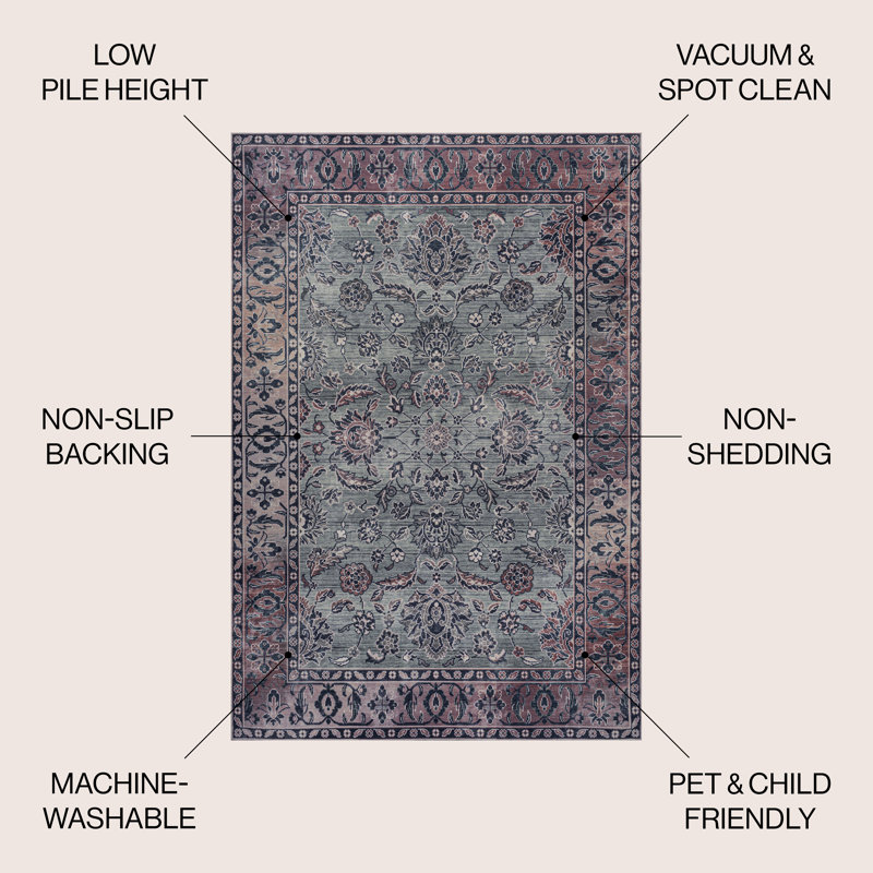 Sarok Ornate Persian All-Over Machine-Washable Purple/Gray Rug, Rectangle 5'3" x 7'7"